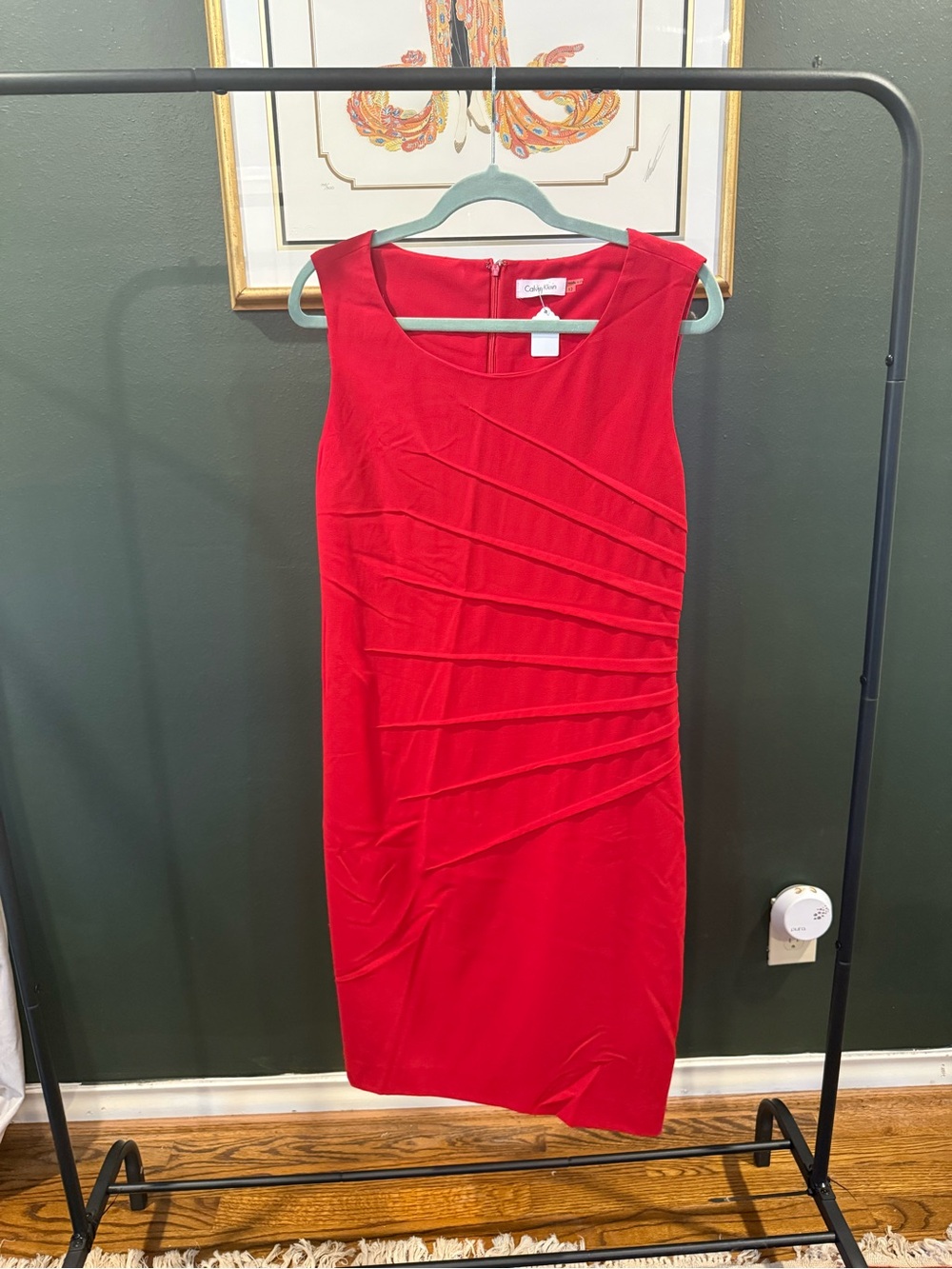Calvin Klein Red Sleeveless Sheath Midi Dress with Asymmetric Pleats